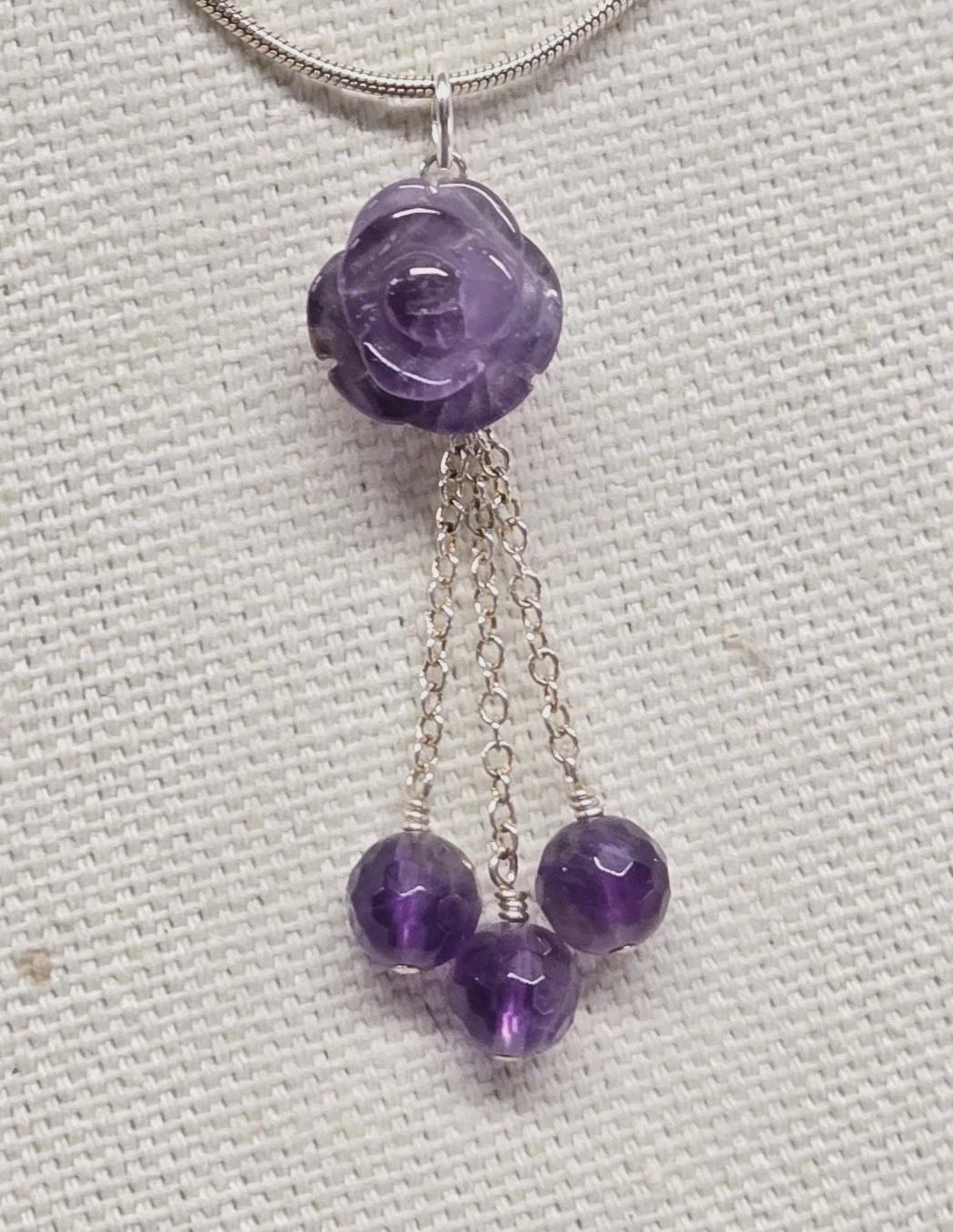 Artisan Sterling Silver Hand Carved Amethyst Rose Tassel Pendant