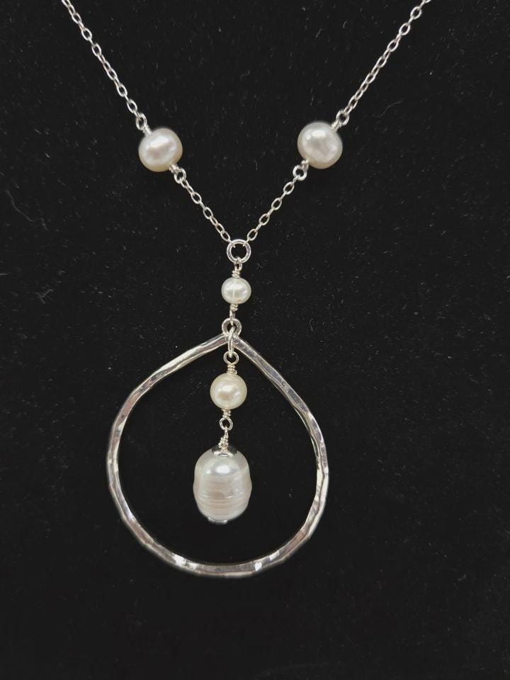 Artisan Boho Sterling Silver Baroque Pearl Hammered Pendant Necklace 18" - Thumbnail 3