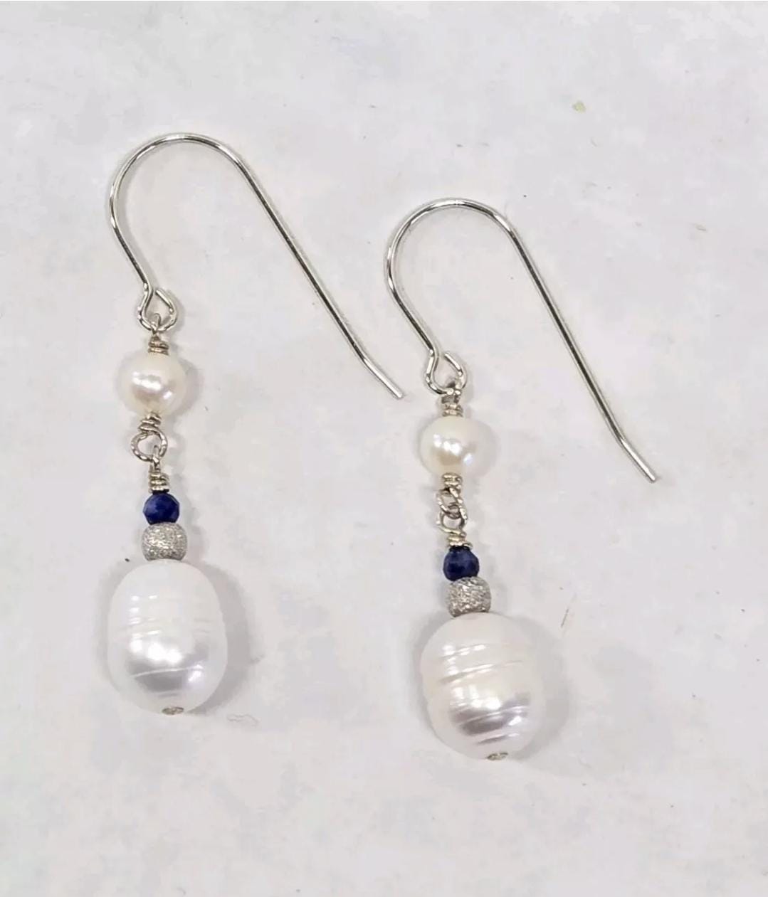 Baroque & Akoya Pearl Lapis Lazuli Sterling Silver Dangle Earrings Artisan Made in the USA - Thumbnail 2