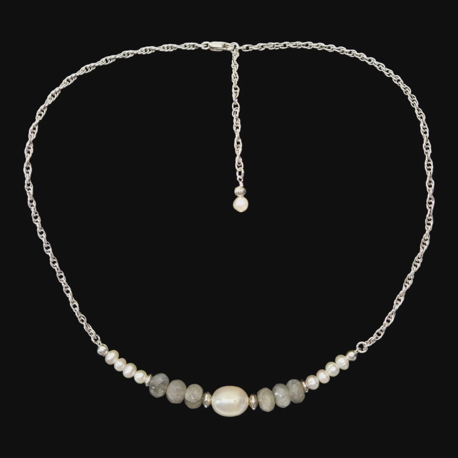 Labradorite Baroque Pearl Sterling Silver Fluid Rope Chain Adjustable Necklace - Thumbnail 3