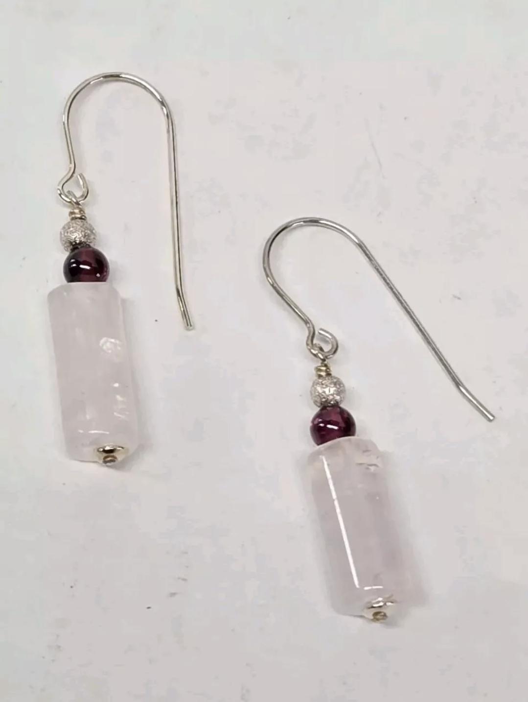 Rose Quartz & Garnet Sterling Silver Geometric Dangle Earrings Artisan Crafted in the USA - Thumbnail 4