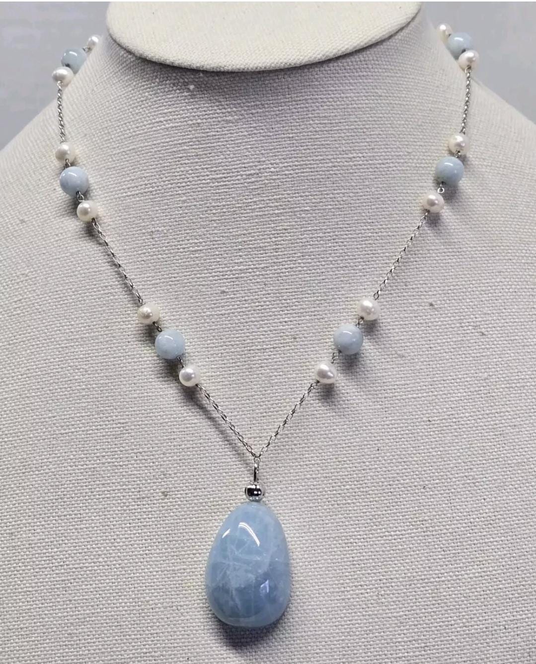 Milky Aquamarine Baroque Pearl Sterling Silver Pendant Necklace 63ct - Thumbnail 2