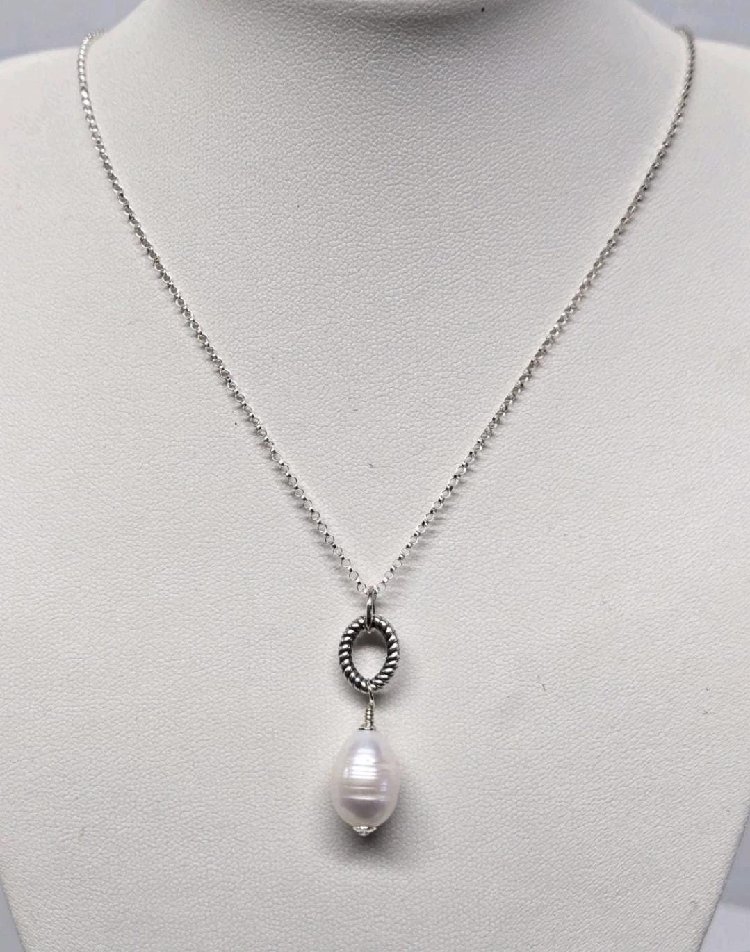 Artisan White Baroque Pearl Sterling Silver Pendant Necklace 18" Rolo Chain - Thumbnail 3