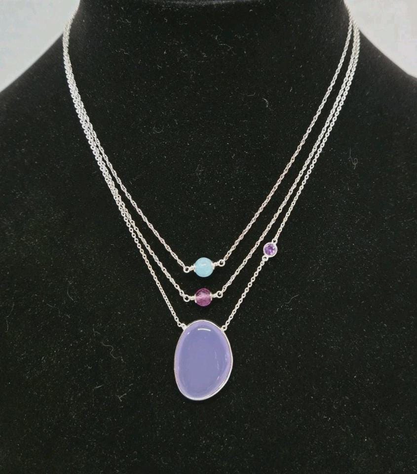 Modernist 925 SS Purple Chalcedony & Amethyst Stacking Layering Necklace 16-17" - Thumbnail 5