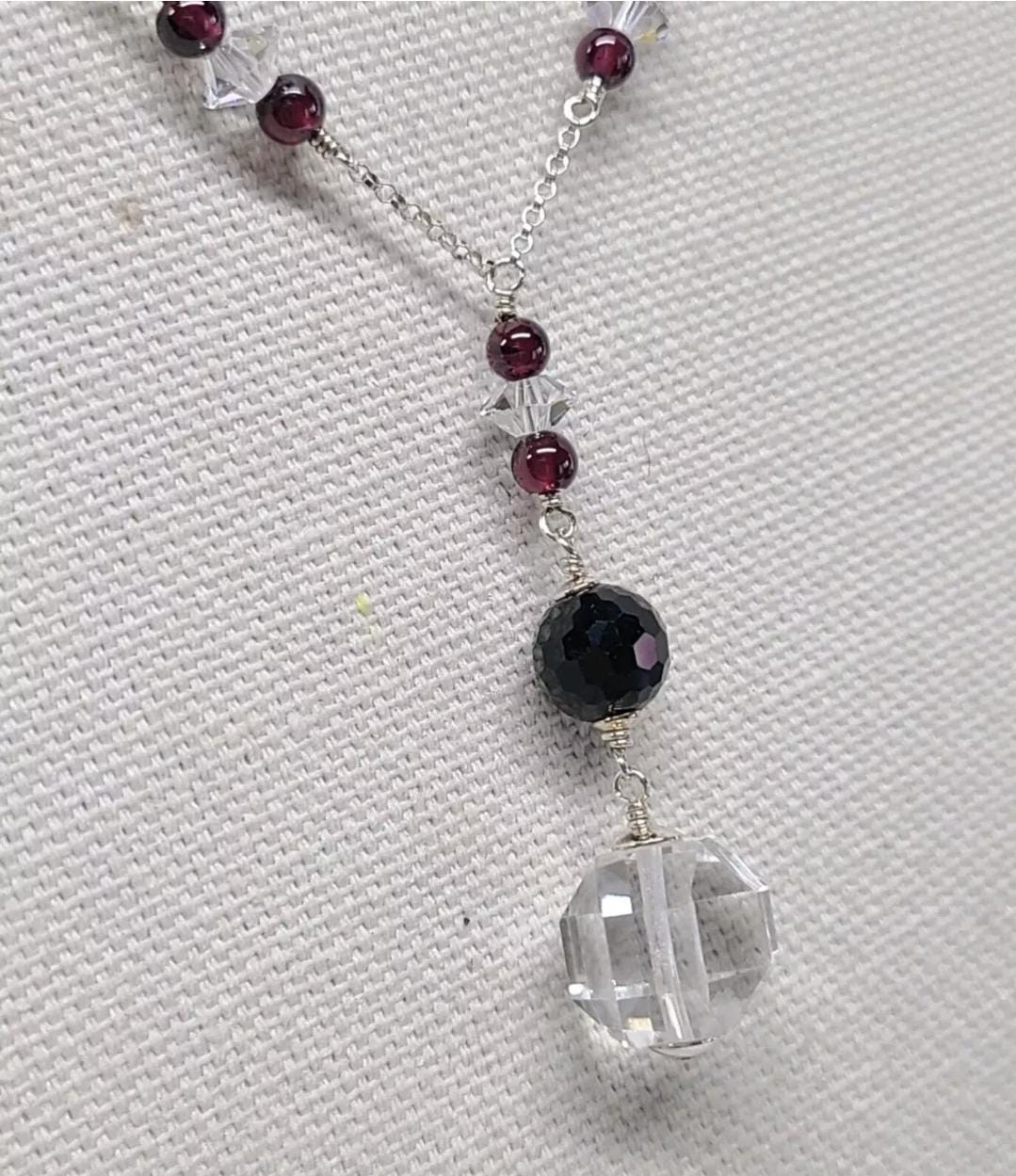 Rock Quartz Crystal Black Tourmaline Garnet Lavalier Pendant Necklace - Thumbnail 4