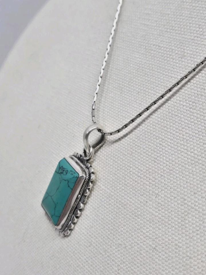 VTG 1990’s 925 Sterling Silver Turquoise Pendant with 20" Cardano Chain Necklace - Thumbnail 3