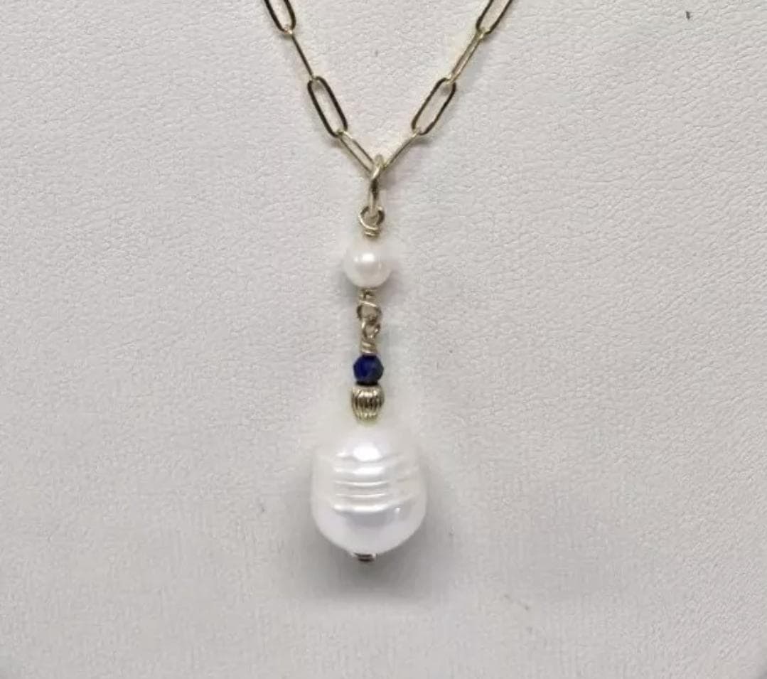 Baroque & Akoya Pearl Lapis Lazuli 14k GF Pendant Artisan Crafted in the USA - Thumbnail 3