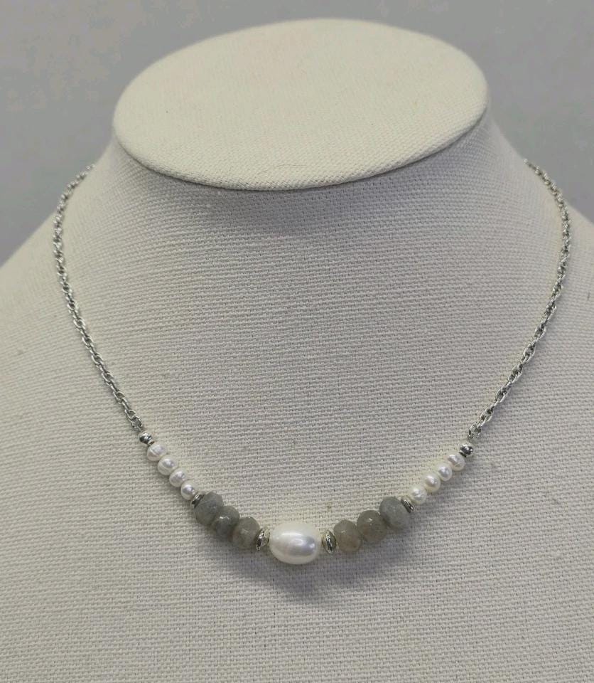 Labradorite Baroque Pearl Sterling Silver Fluid Rope Chain Adjustable Necklace