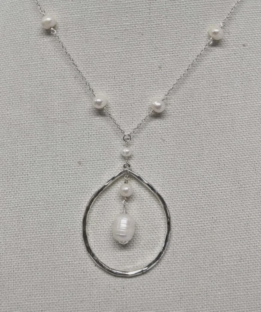 Artisan Boho Sterling Silver Baroque Pearl Hammered Pendant Necklace 18"