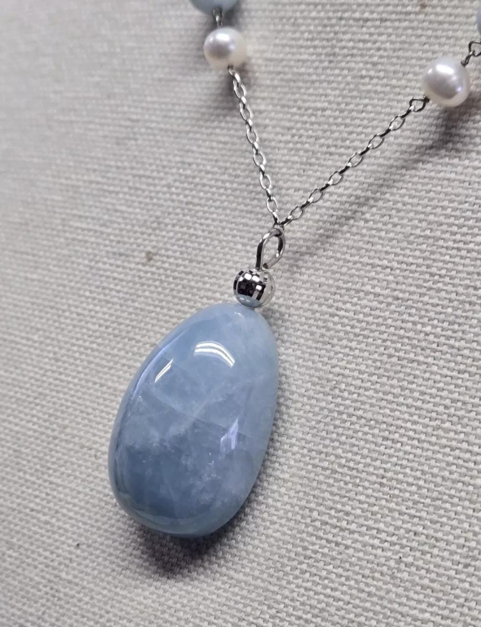 Milky Aquamarine Baroque Pearl Sterling Silver Pendant Necklace 63ct - Thumbnail 5
