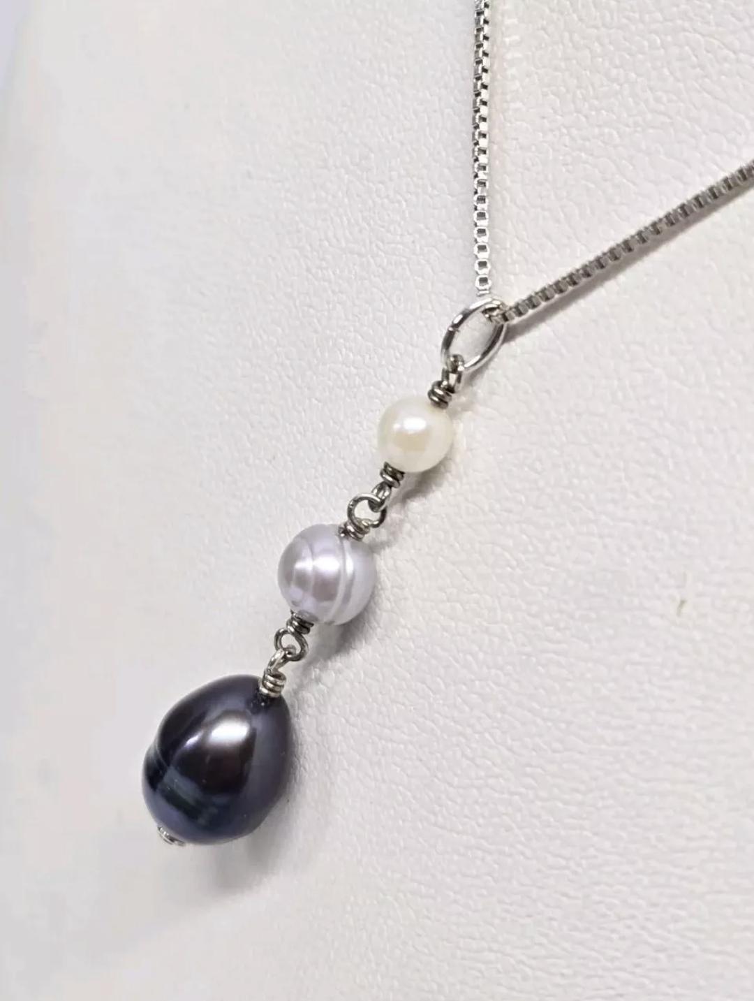 Sterling Silver 925 White Black & Gray Pearl Pendant Necklace Artisan Made in the USA - Thumbnail 3
