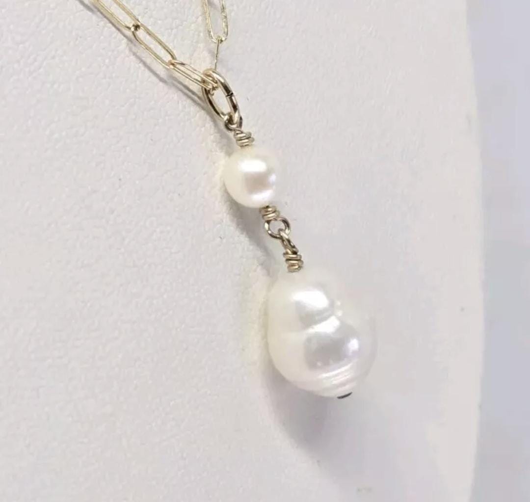 Artisan White Baroque & Akoya Pearl 14k GF Modern Pendant - Thumbnail 3