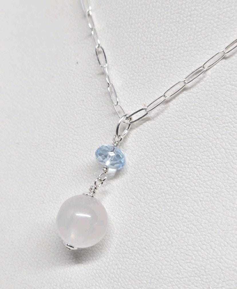 Sterling Silver Faceted Sky Blue Topaz & Blue Flash Moonstone Dangle Pendant - Thumbnail 2