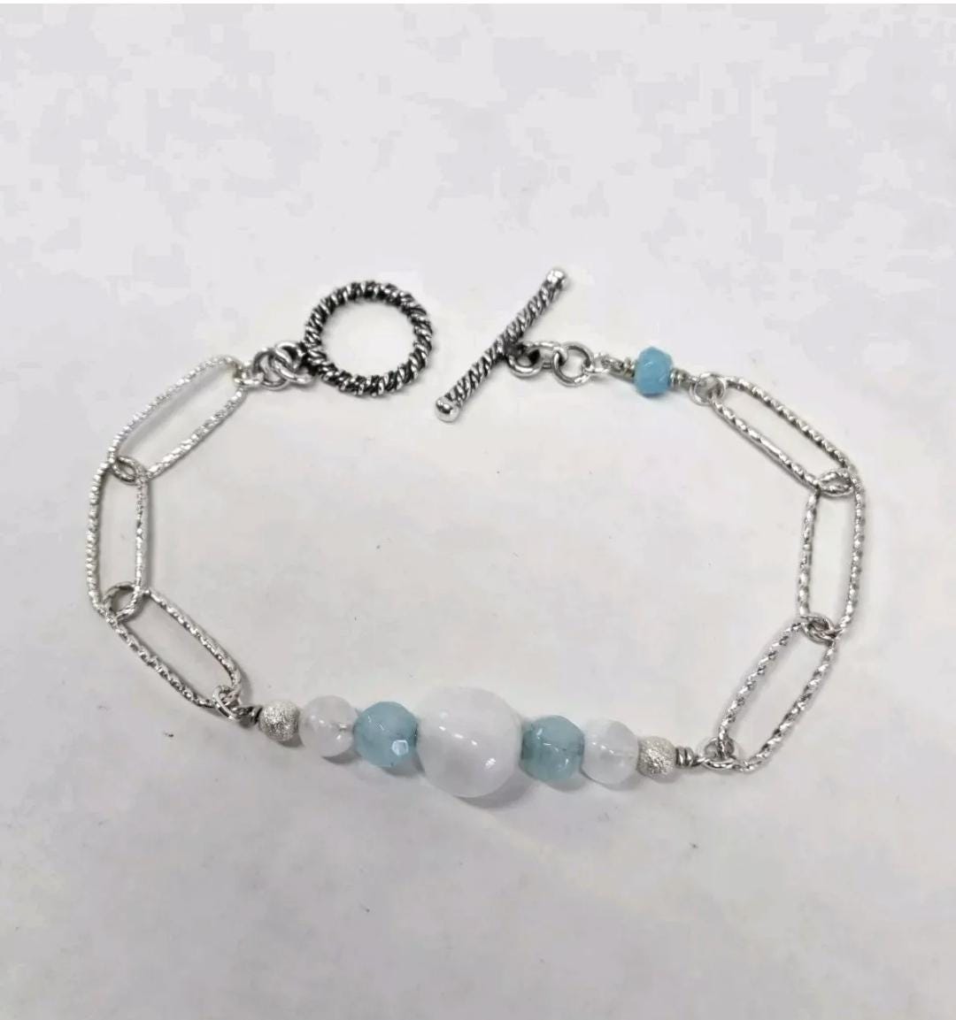 Moonstone Aqua Blue Apatite Sterling Silver Paperclip Toggle Bracelet