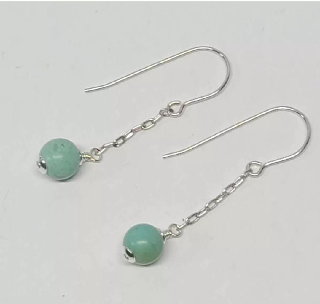 Sterling Silver & Vintage Turquoise Wrecking Ball Dangle Drop Earrings - Thumbnail 3