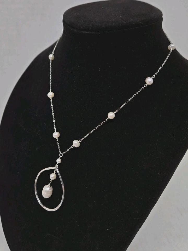 Artisan Boho Sterling Silver Baroque Pearl Hammered Pendant Necklace 18" - Thumbnail 5