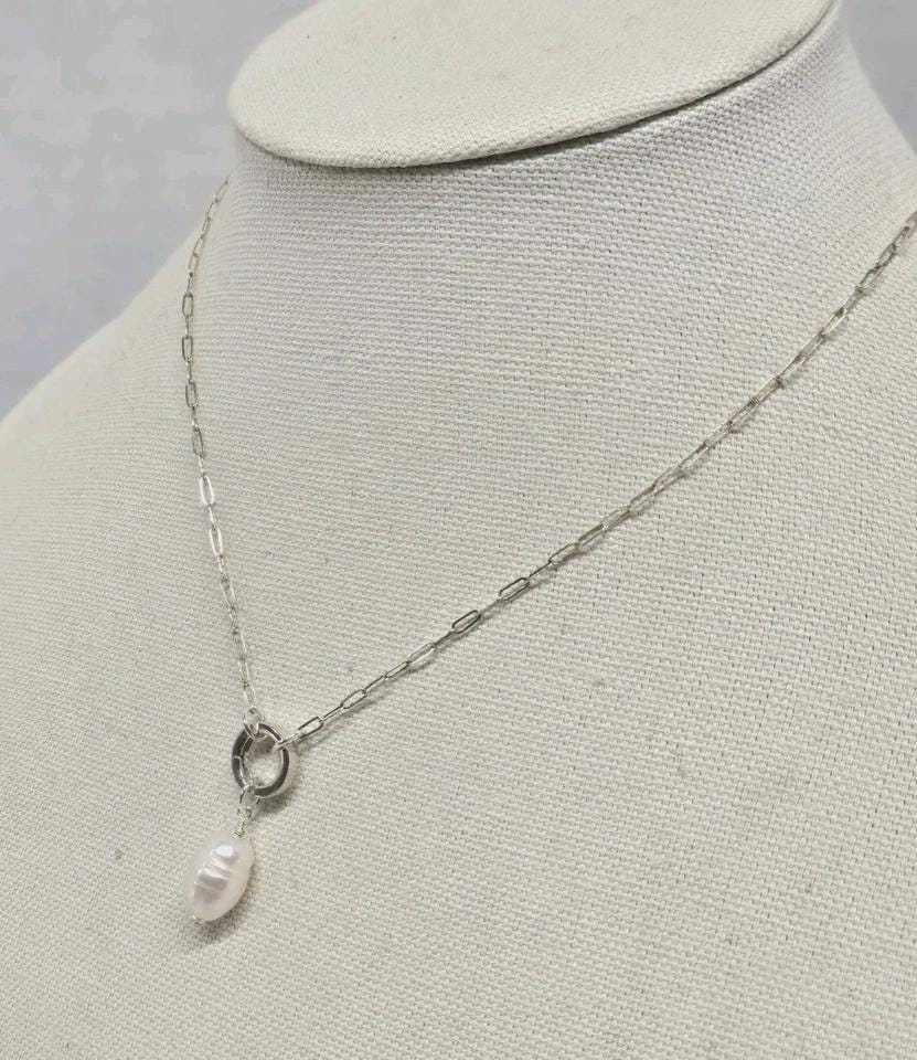Sterling Silver 'Samantha' Add a Charm Paperclip Necklace w/Gate Clasp Connector & Baroque Pearl Charm - Thumbnail 3