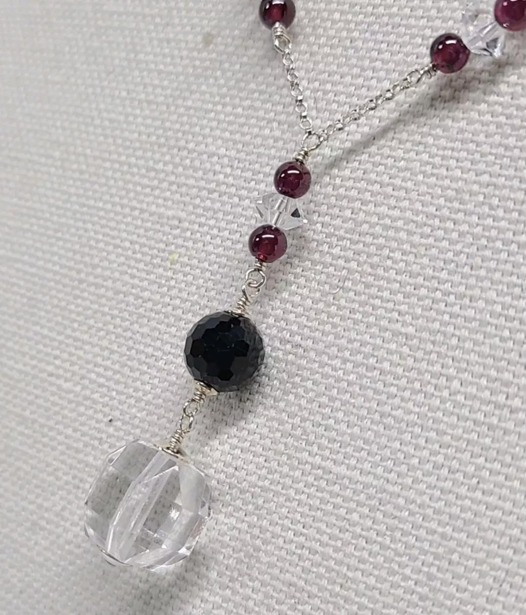 Rock Quartz Crystal Black Tourmaline Garnet Lavalier Pendant Necklace - Thumbnail 6