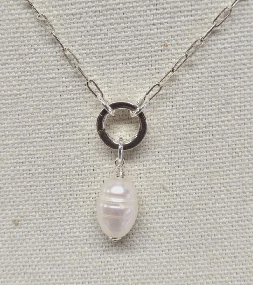 Sterling Silver 'Samantha' Add a Charm Paperclip Necklace w/Gate Clasp Connector & Baroque Pearl Charm