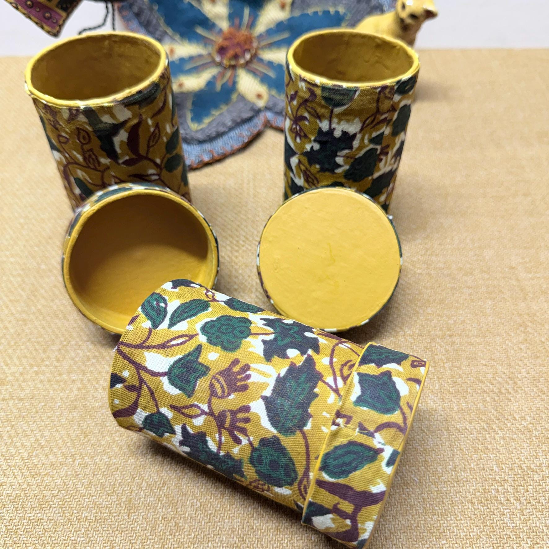 Handcrafted Papier-mâché Storage Boxes – Vine Print, Yellow Ochre