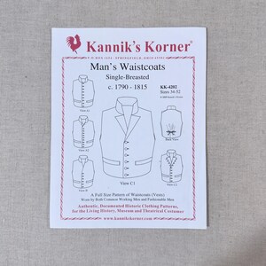 May include: A white paper pattern for single-breasted waistcoats, sizes 34-52, from Kannik's Korner. The pattern includes diagrams of different views of the vest, dating from c. 1790-1815. The text on the pattern indicates it is for historical clothing.