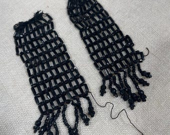19th Century Black Glass Beadwork Panels – Antique Beaded Fragments for Sewing or Jewelry