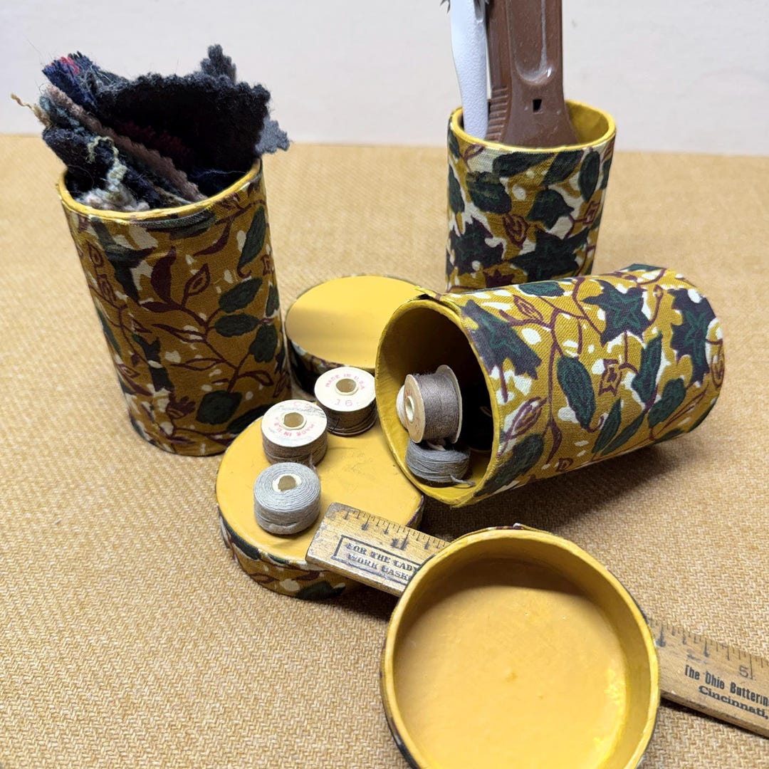 【PAPIER-MACHE STORAGE CONTAINER】 Handcrafted Papier-mâché Storage Boxes – Vine Print, Yellow Ochre