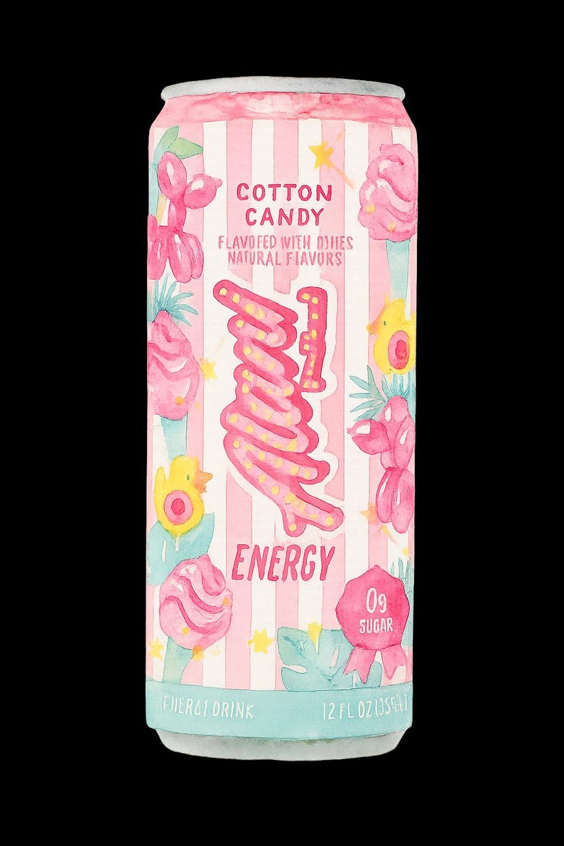 May include: A pink and white striped energy drink can with the words "Cotton Candy" and "Energy" in a playful font. The can features whimsical illustrations of balloon animals and candy, with a "0g Sugar" label.
