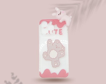 Cute Bear with Cute Bunny on the Corner Phone Case for iPhone 13 Pro & Pro Max