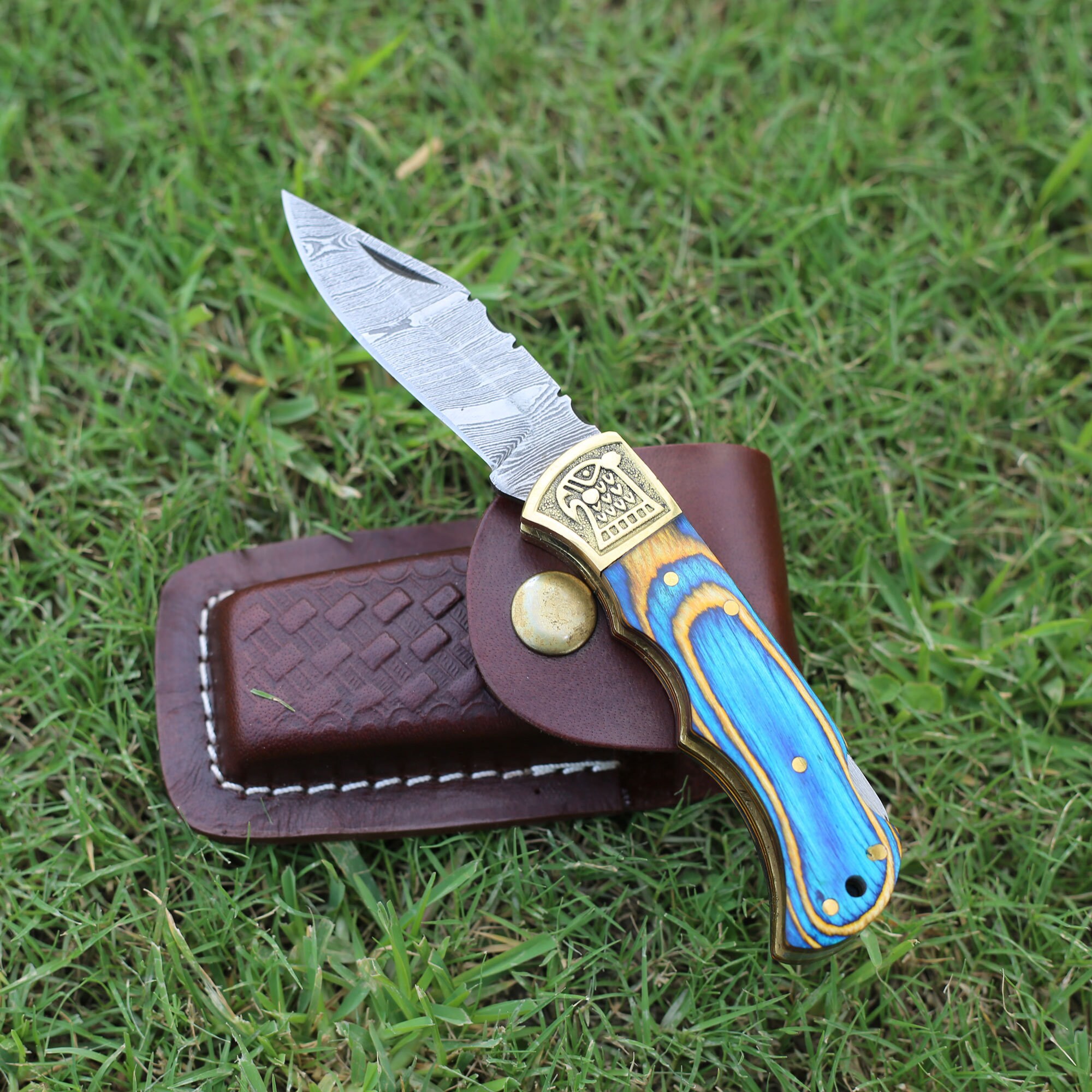 Handmade Damascus Pocket Knife Pakka Wood Handle Birthday Gift Folding