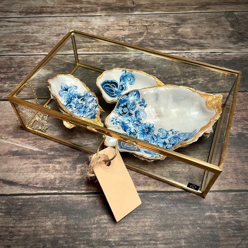 Set van 3 oesterschelpen blauw/wit 'Barok style', met gouden rand. afbeelding 5