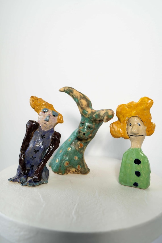 Whimsical Folk Art Figurines • Ceramic Sculptures Trio • Unique Art Collection