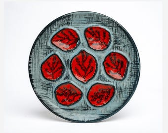 Mid-Century Modern French Art Plate – Vintage Red & Black Relief Ceramic Wall Plate