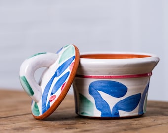 Hand painted terracotta casserole with lid