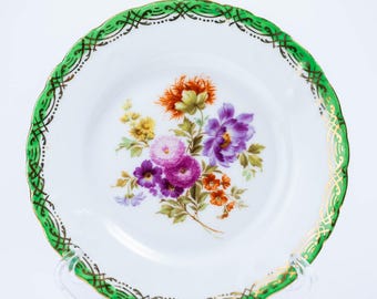 Austrian Bone China Plate – Vintage Floral Decorative Plate with Green Trim, Fine European Porcelain