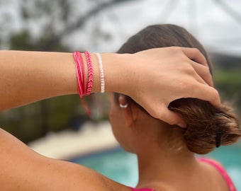 Neon pink and white handmade surf set of 3 bracelets, Woven and glass bread bracelet set, Macrame bracelet set, V-day gift idea