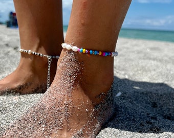 Freshwater pearl anklet with color glass beads, Boho style anklet, Dainty pearl Anklet, Pearl beaded Anklet, Gift for her