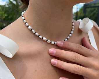 Dainty Freshwater Pearl Choker Necklace, Black Glass Spacers