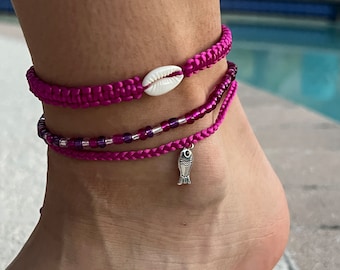 Conjunto de pulseras o tobilleras surferas color magenta, pulsera trenzada, pulsera de cuentas, pulsera impermeable anudada, pulsera de playa para niñas y mujeres