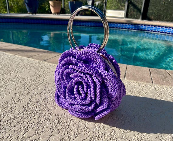 Handmade Crochet Rose Bag, Small Hand Knitted Bag, Violet Totes