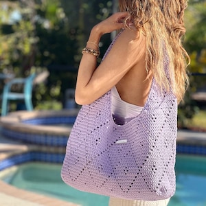 Retro Cotton Crochet Shoulder Bag, Fashion Casual Bag, Hand Woven Purple Boho Bag, Crochet Shoulder Bag, Handmade Knitted Tote Bag