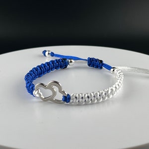 Elegant macrame bracelet in the colors of the Israel flag with a heart pendant, Stand with Israel bracelets, Blue and white bracelet