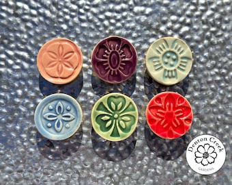 Round Ceramic Floral Magnets, Set of 6, 1.25" in Diameter, Colors: purple, red, green, blue, peach & aqua. Ideal Birthday Gift.