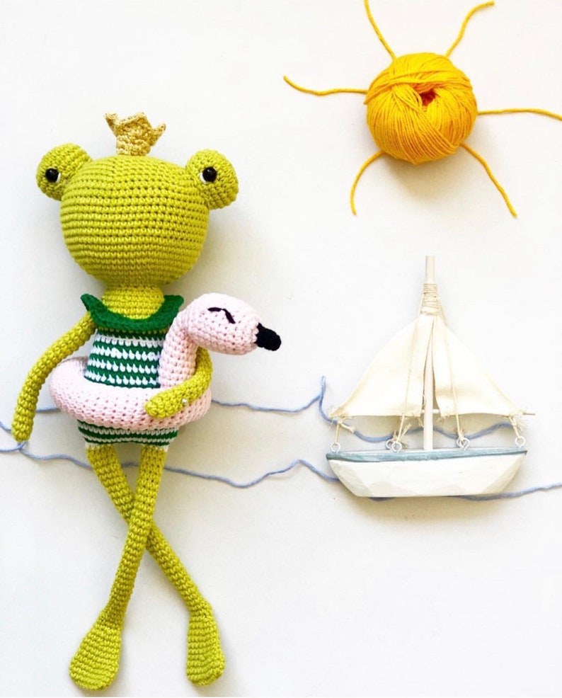 The Frog Prince Doll, Handmade Toy, Cuddle Doll, Crochet Frog Prince, Amigurumi Plush, Crochet Animal, Montessori, Soft Toy, Gift for Kids Frog Doll + Flamingo