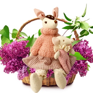 Premium Linen Heirloom Stuffed Animal Toys - Woodland Art Dolls - Hand Embroidered Neutral Unisex Timeless - Bunny Rabbit Mouse Fawn Fox