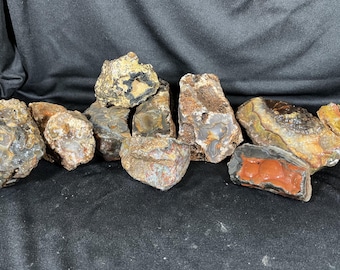 May include: A collection of raw, unpolished agate stones in various shapes and sizes. The rocks feature earthy tones including brown, tan, gray, and rust-red, with visible crystalline structures, banded patterns, and smooth, rounded mineral inclusions.