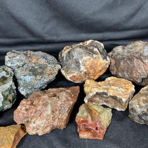 Może przedstawiać: Kolekcja surowych, nieoszlifowanych skał i okazów minerałów o zróżnicowanych teksturach i ziemistych odcieniach, w tym brązach, szarościach, rdzawych czerwieniach i beżach. Kamienie mają szorstkie, poszarpane powierzchnie z widocznymi strukturami.