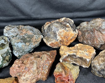 May include: A collection of raw, unpolished rocks and mineral specimens featuring varied textures and earthy tones including shades of brown, gray, rust-red, and tan. The stones exhibit rough, jagged surfaces with some visible crystalline formations.