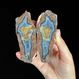 Puede incluir: Dos mitades de piedra de ágata pulida. Las piedras muestran bandas concéntricas de tonos azules, naranjas y marrones. La ágata se sostiene sobre un fondo negro, mostrando los patrones y colores naturales.