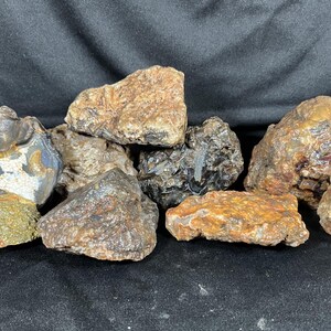 Może przedstawiać: Kolekcja surowych, nieoszlifowanych skał i okazów minerałów w różnych odcieniach ziemi, w tym brązach, beżach, rdzawych i ciemnoszarych barwach. Kamienie mają nieregularne, poszarpane kształty o teksturowanych powierzchniach, niektóre wykazują warstwowe pasma.